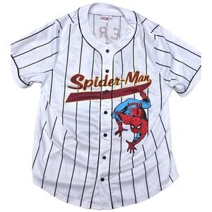 Marvel Shirt Mens Large White Pinstripe Spider-Man 62 Jersey Short Sleeve Button